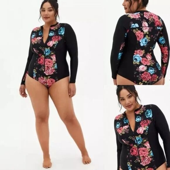 Torrid Womens Floral Long-Sleeve Zip-Up Swim Bodysuit Size 2 Black - Picture 2 of 5